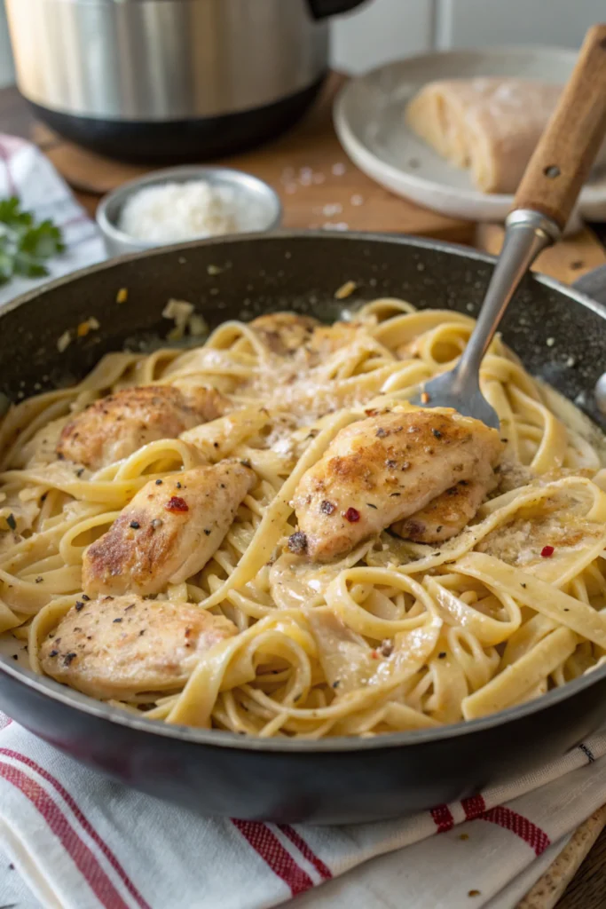 A skillet filled with creamy garlic parmesan pasta and golden chicken being mixed together.
