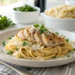 A plated serving of creamy Garlic Parmesan Chicken Pasta, garnished with fresh parsley and parmesan.