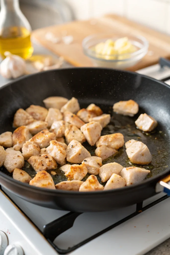A close-up of golden-brown chicken pieces sizzling in a skillet with melted butter and minced garlic.