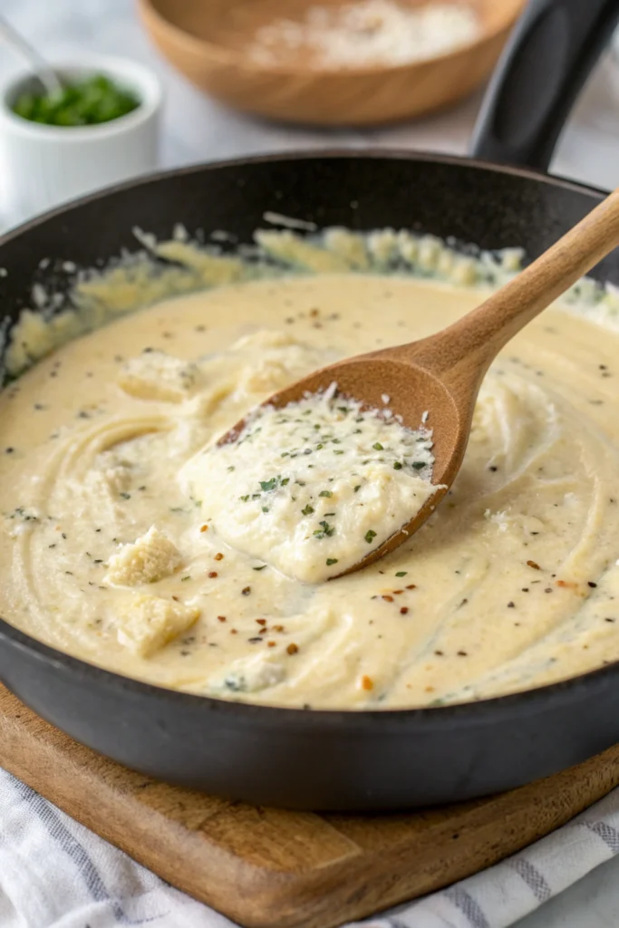 A close-up of a skillet filled with creamy garlic parmesan sauce being gently stirred.