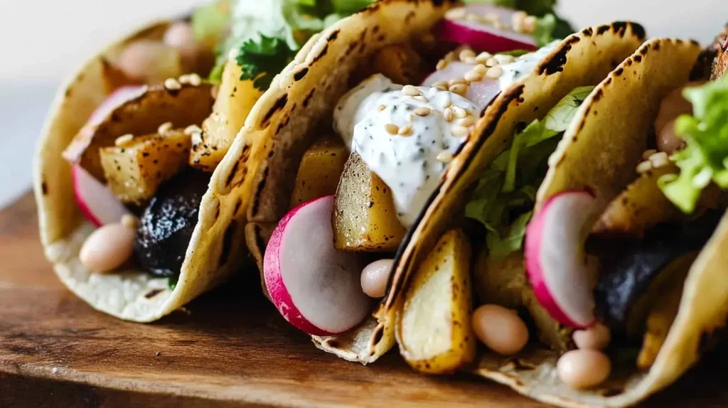 Vegetarian Potato Tacos with White Beans and Garlic Yogurt Sauce
