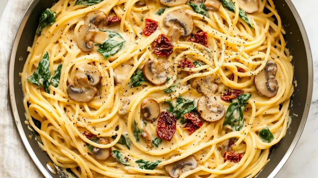 Creamy Mushroom Spinach and Sun-dried Tomato Pasta