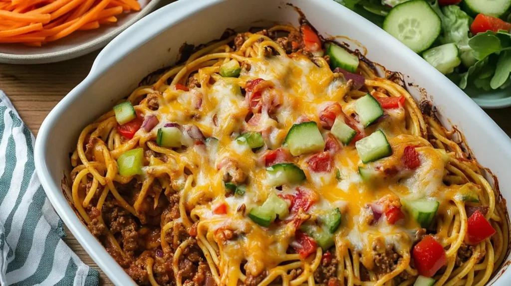 Cheesy Taco Salsa Spaghetti Bake
