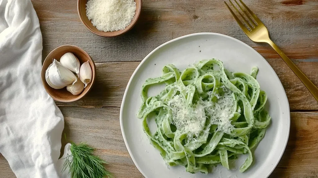 Homemade Spinach Pasta with Garlic Dill Sauce