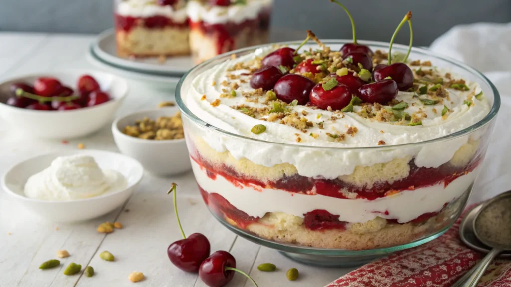 Cherry trifle with pistachio and rosemary crumble
